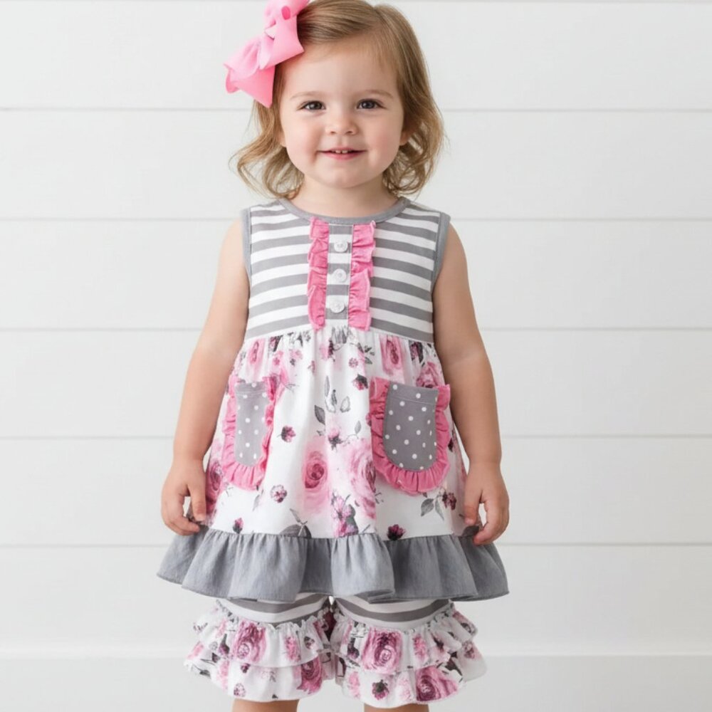 Gray & Pink Floral Ruffle Short Set, girl, kids